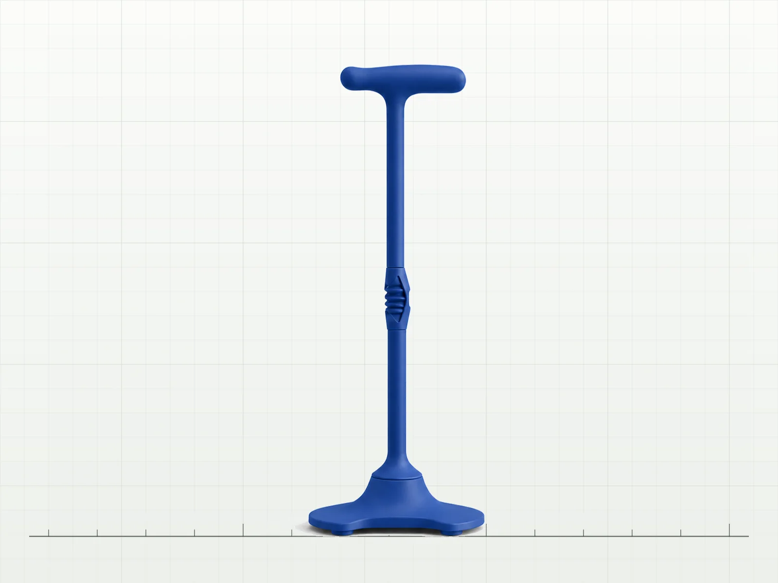 Study plate: the support object in a deep cobalt finish with a wider ground base, standing on a baseline rule over a fine measurement grid.